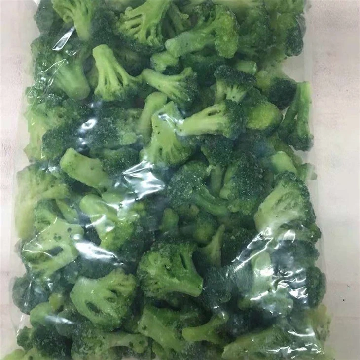 IQF frozen broccoli pieces showing individual separation and green color