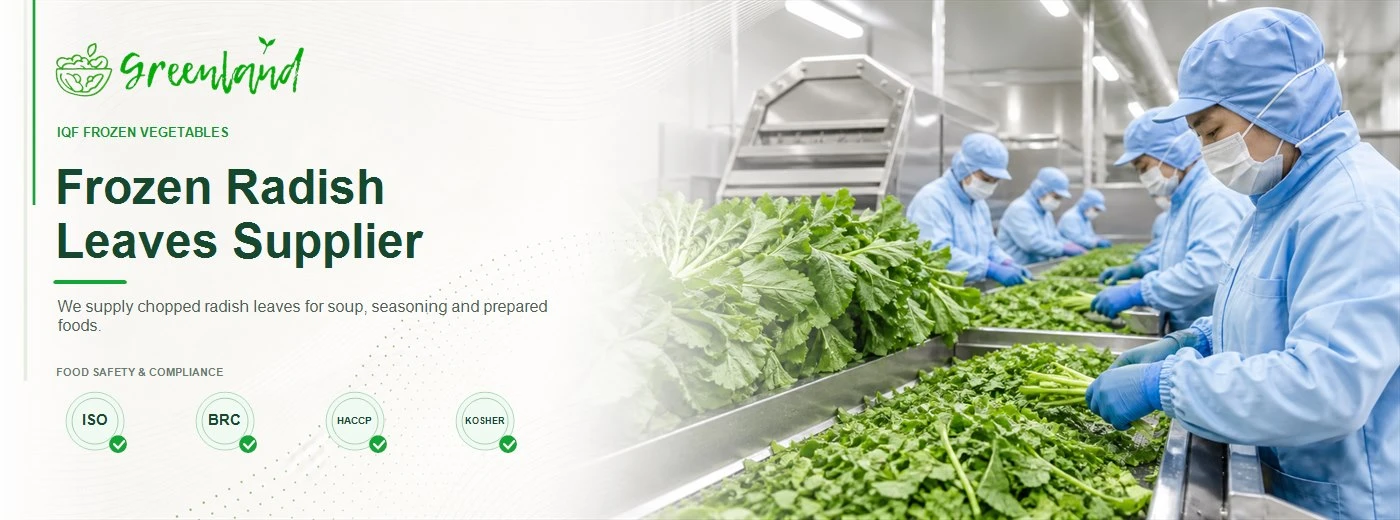 Frozen Radish Leaves supplier banner showing clean fresh green radish leaves with chopped leaf portions on a hygienic IQF processing line