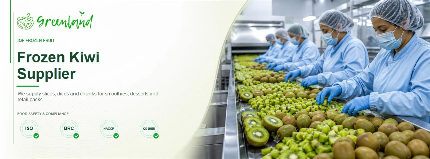 Frozen Kiwi supplier banner showing brown kiwifruit with vivid green kiwi slices and dices on a hygienic IQF processing line