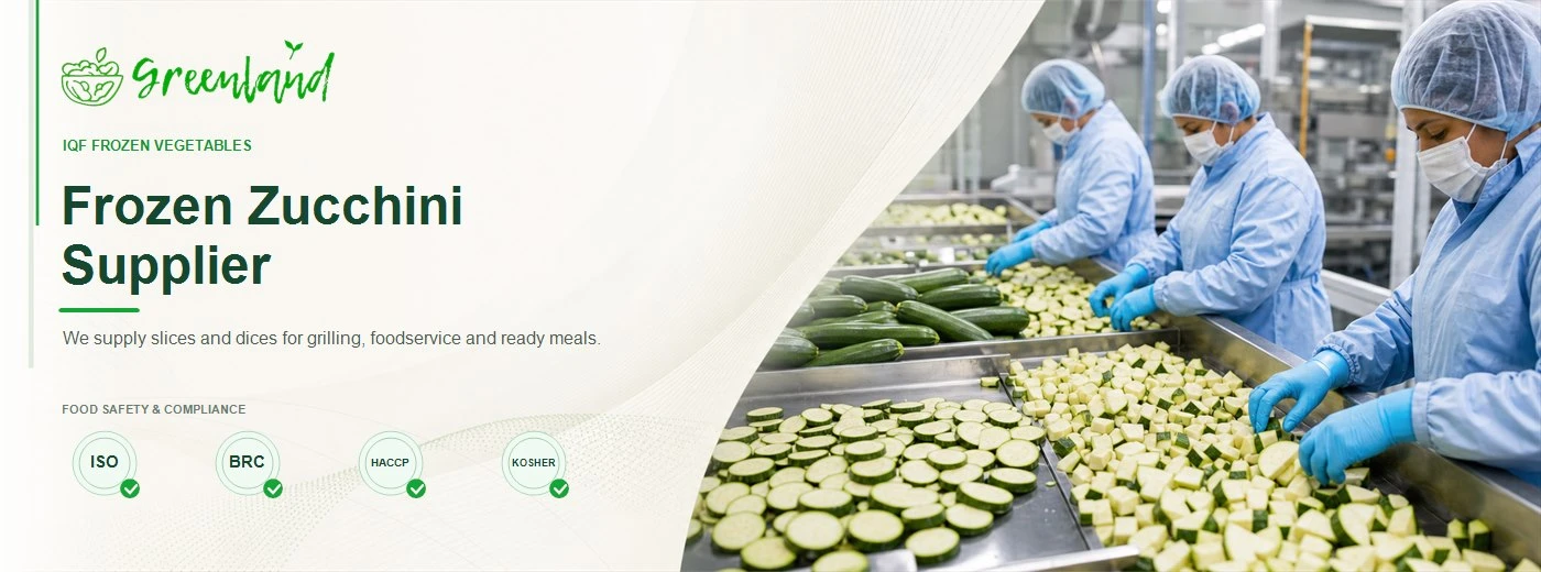 Frozen Zucchini supplier banner showing fresh green zucchini with uniform slices, dices and half-moon cuts on a hygienic IQF processing line