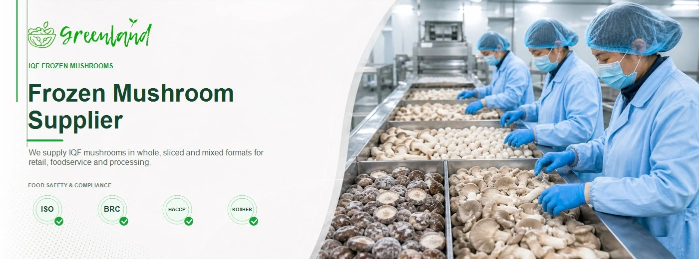 Frozen Mushroom supplier banner showing a range of IQF mushroom varieties in separate processing lanes on an IQF processing line