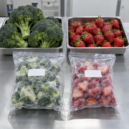 Broccoli and strawberries kept as separate commodities before and after freezing