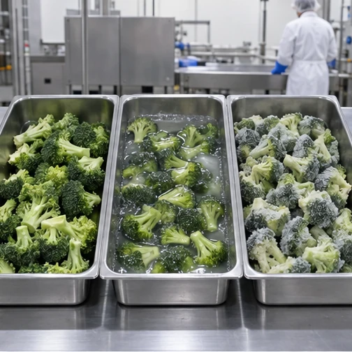 Trimmed, cooled and frozen broccoli shown as different product states