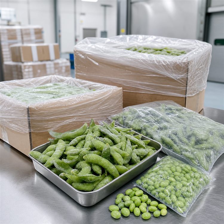 Edamame pods and kernels in bulk formats Edamame pods and shelled kernels beside bulk packs