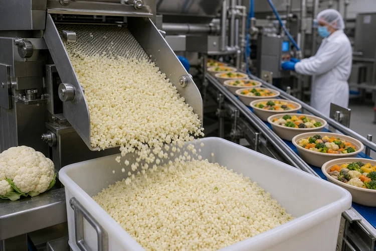 cauliflower-rice-being-portioned-into-prepared-meals cauliflower-rice-being-portioned-into-prepared-meals