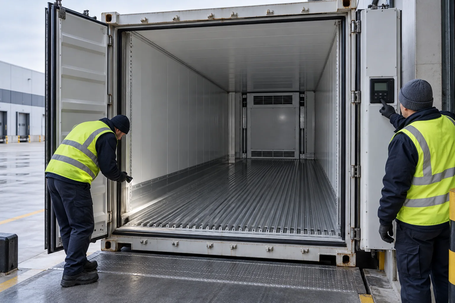 Illustrative frozen-food reefer scene for E02. Illustrative frozen-food reefer scene for E02.