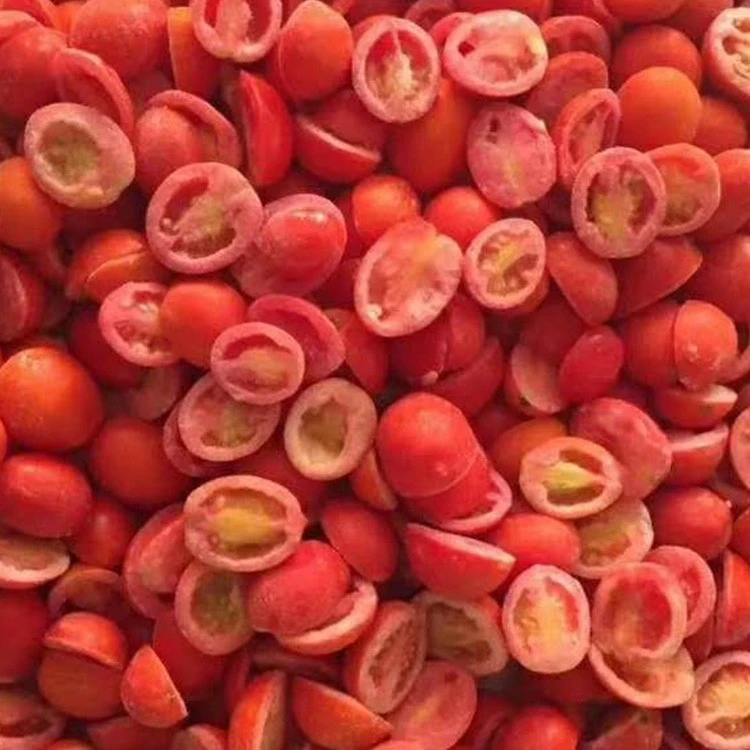 Actual GreenLand frozen cherry tomato halves in close view.