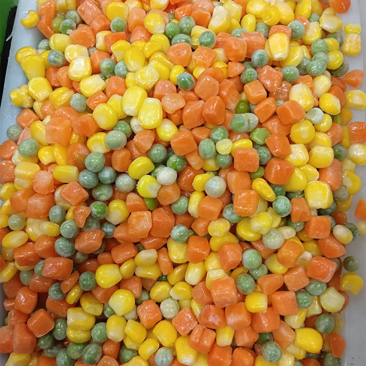 Small-cut frozen vegetable blend for controlled air-fryer trials Loose frozen sweet corn carrot dice and green peas in a mixed vegetable blend