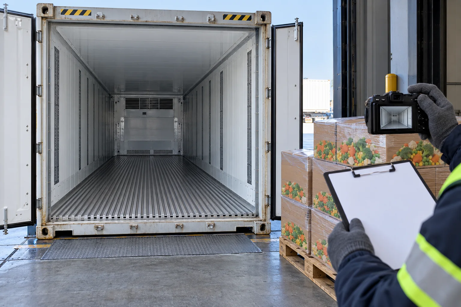 Illustrative frozen-food reefer scene for E01. Illustrative frozen-food reefer scene for E01.