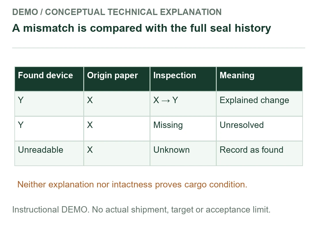 A mismatch is compared with the full seal history - instructional demonstration A mismatch is compared with the full seal history - instructional demonstration