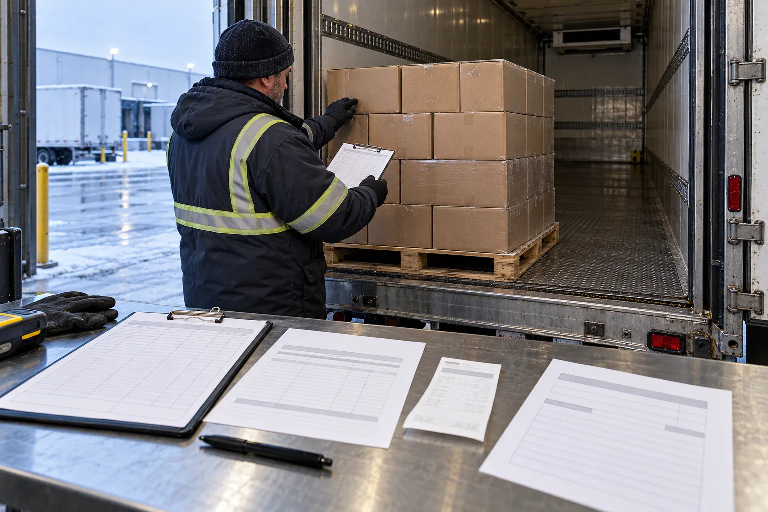 Illustrative frozen-food reefer scene for E06. Illustrative frozen-food reefer scene for E06.