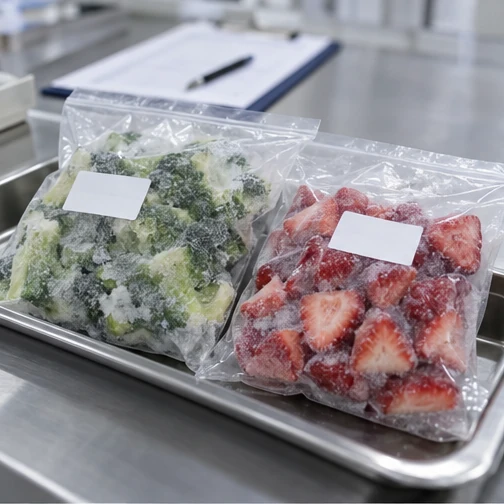 Sealed frozen broccoli and strawberry samples at laboratory receiving