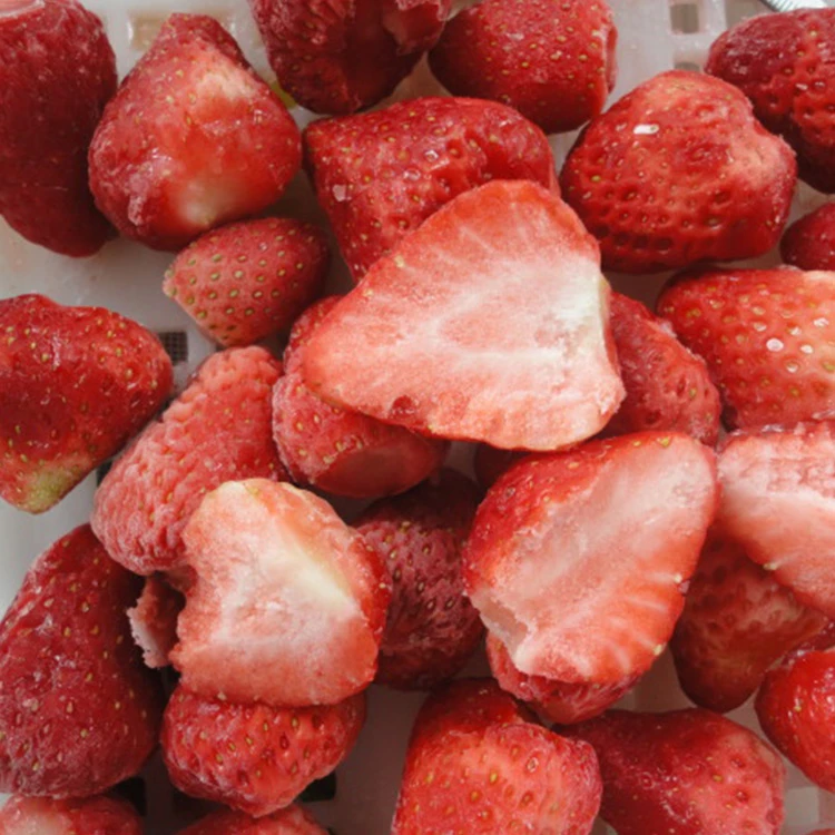 IQF strawberry halves showing red cut surfaces