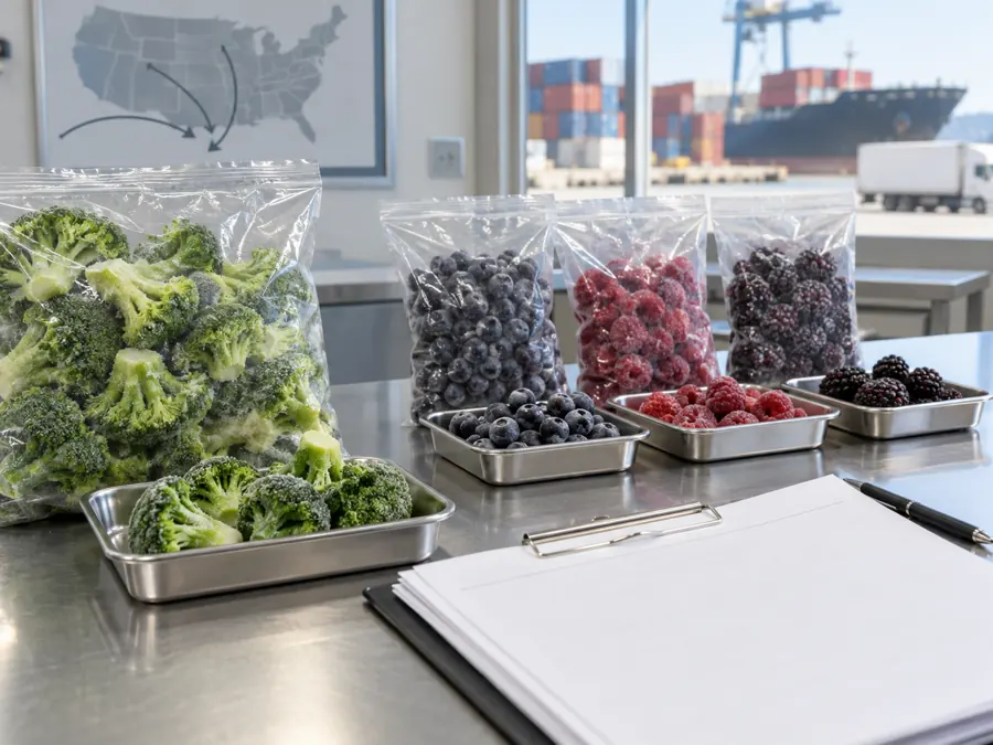 Separate frozen vegetable and fruit samples on an inspection table Separate frozen vegetable and fruit samples on an inspection table