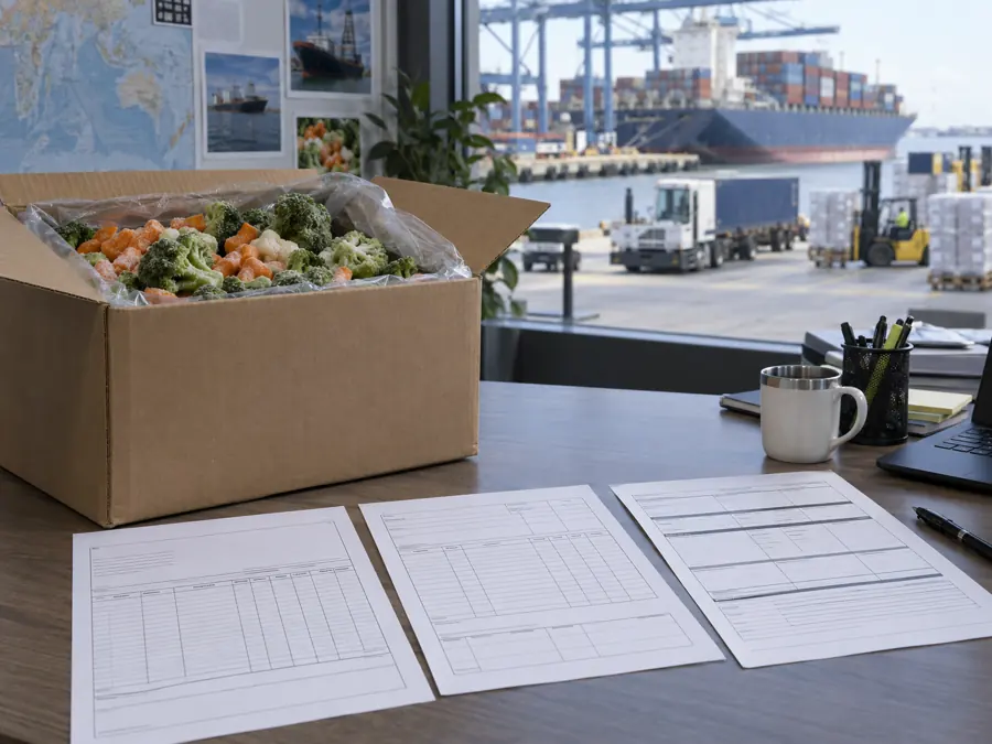 Commercial shipping papers beside a frozen vegetable carton Commercial shipping papers beside a frozen vegetable carton