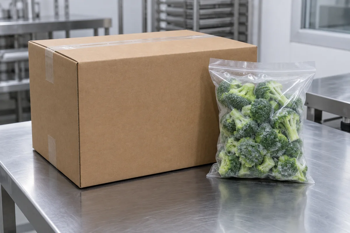 Sealed industrial carton and frozen broccoli sample Sealed industrial carton and frozen broccoli sample