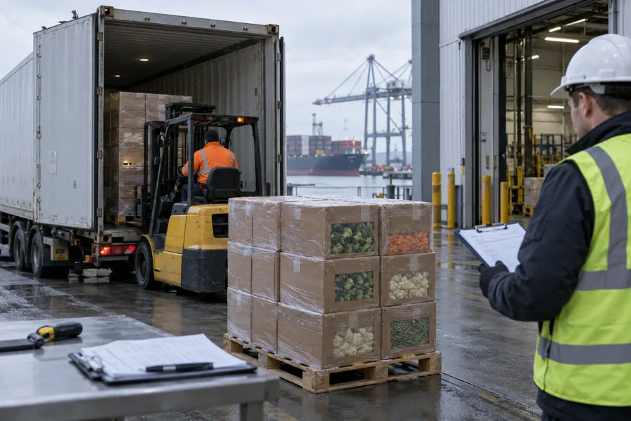 Illustrative frozen produce container handoff at a UK port Illustrative frozen produce container handoff at a UK port