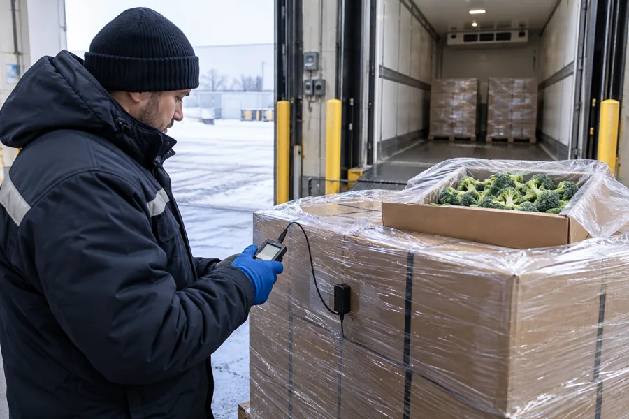Illustrative refrigerated broccoli pallet arrival and logger check Illustrative refrigerated broccoli pallet arrival and logger check