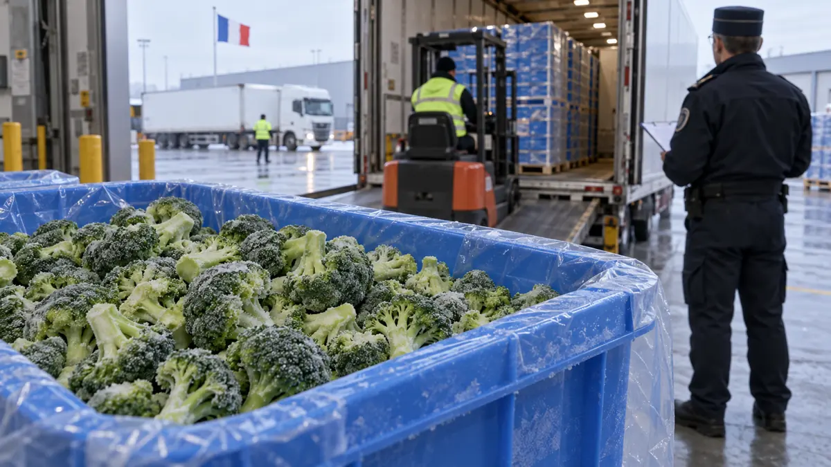 Industrial bulk IQF broccoli in a cold receiving setting Industrial bulk IQF broccoli in a cold receiving setting