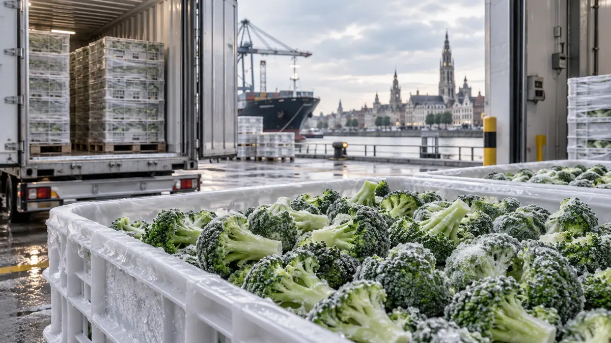 Industrial bulk IQF broccoli in a cold receiving setting Industrial bulk IQF broccoli in a cold receiving setting