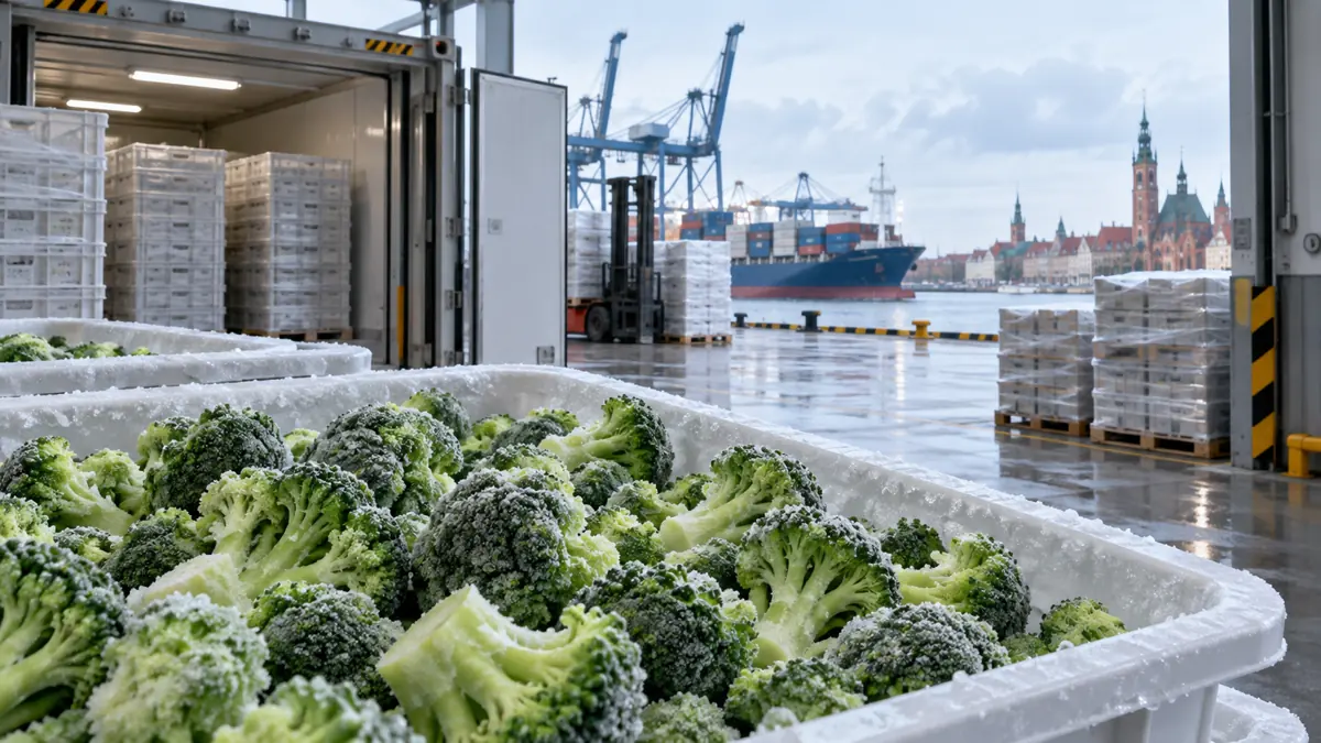 Industrial bulk IQF broccoli in a cold receiving setting Industrial bulk IQF broccoli in a cold receiving setting