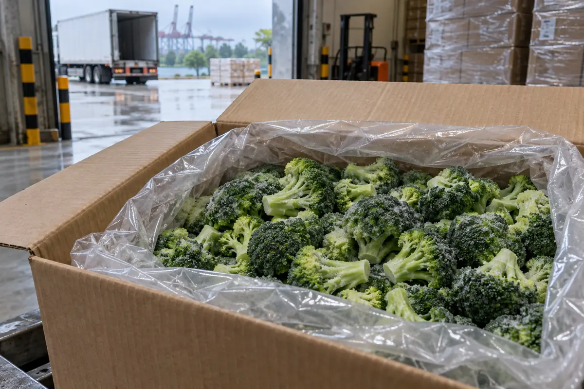 Industrial bulk IQF broccoli in a cold receiving setting Industrial bulk IQF broccoli in a cold receiving setting