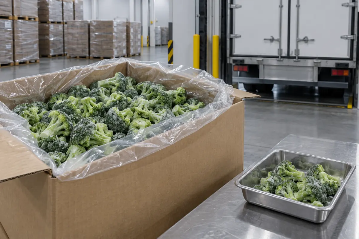 Industrial bulk IQF broccoli in a cold receiving setting Industrial bulk IQF broccoli in a cold receiving setting