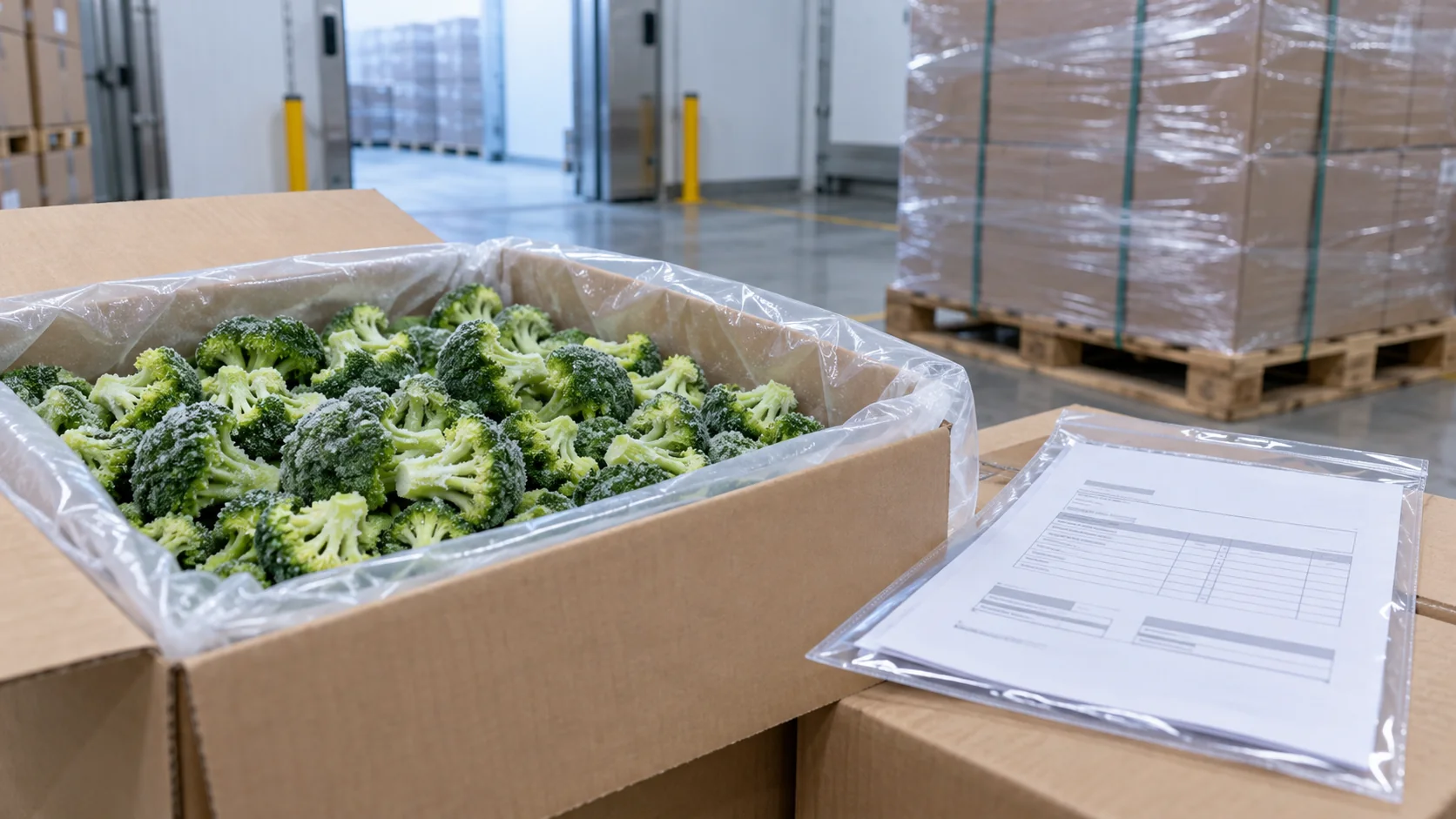 Industrial IQF broccoli in a proposed bulk export setting. Industrial IQF broccoli in a proposed bulk export setting.