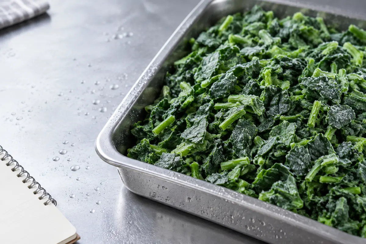 Editorial depiction of frozen chopped spinach for the import specification guide