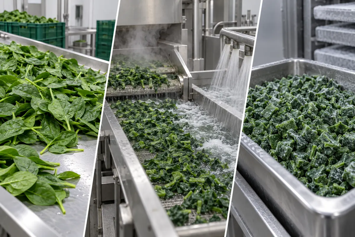 Frozen Chopped Spinach conceptual process illustration for convert field and plant hazards into controlled lot records