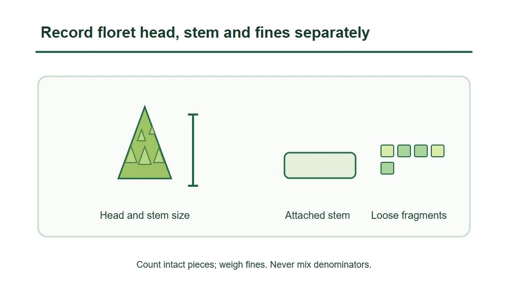 Record floret head, stem and fines separately