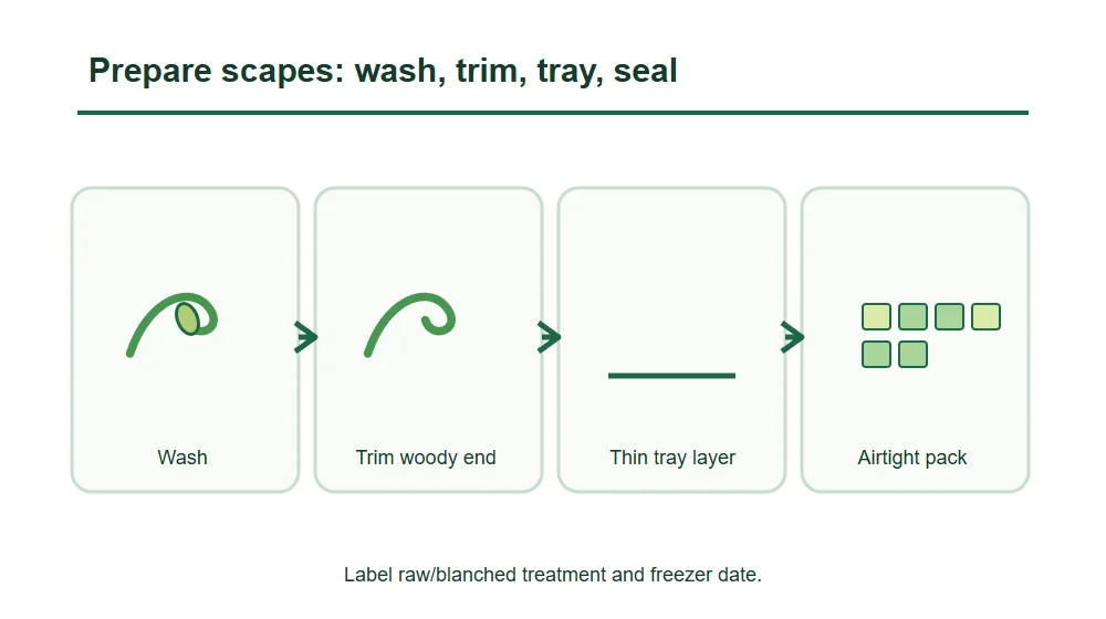 Prepare scapes: wash, trim, tray, seal Prepare scapes: wash, trim, tray, seal