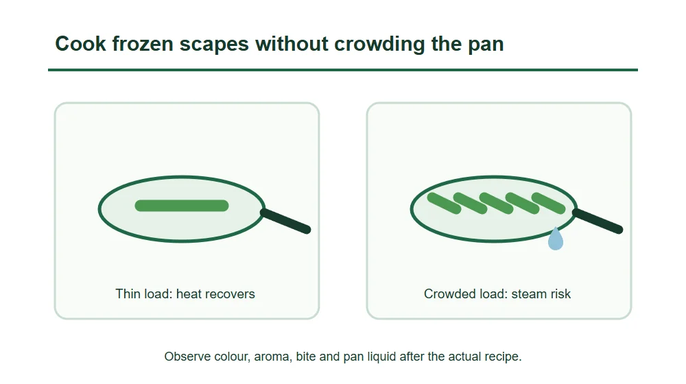Cook frozen scapes without crowding the pan Cook frozen scapes without crowding the pan
