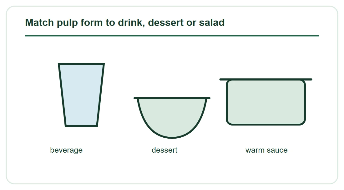 Match pulp form to drink, dessert or salad Match pulp form to drink, dessert or salad