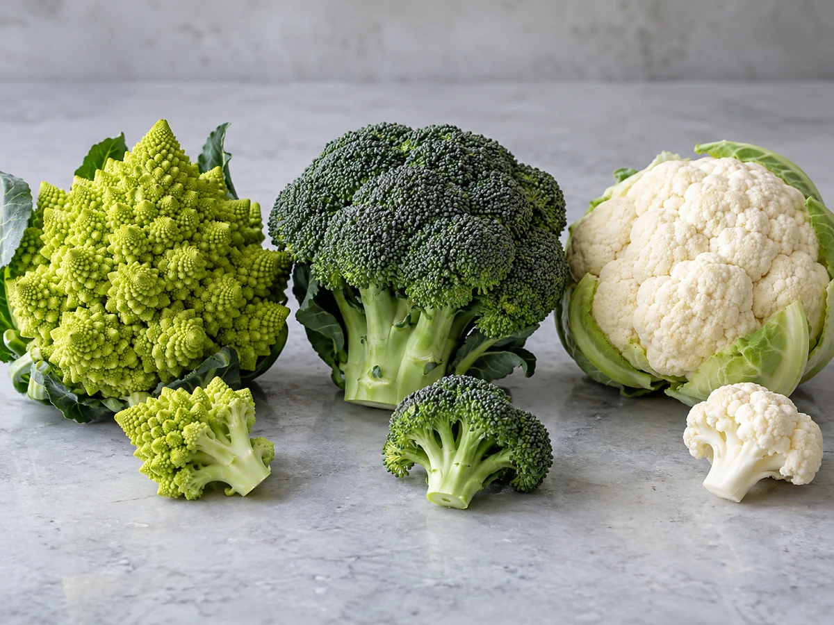 Romanesco beside broccoli and cauliflower