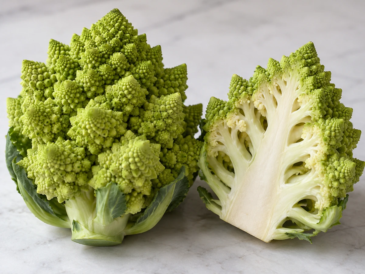 Romanesco crown beside a longitudinal cut face showing pale branching stems