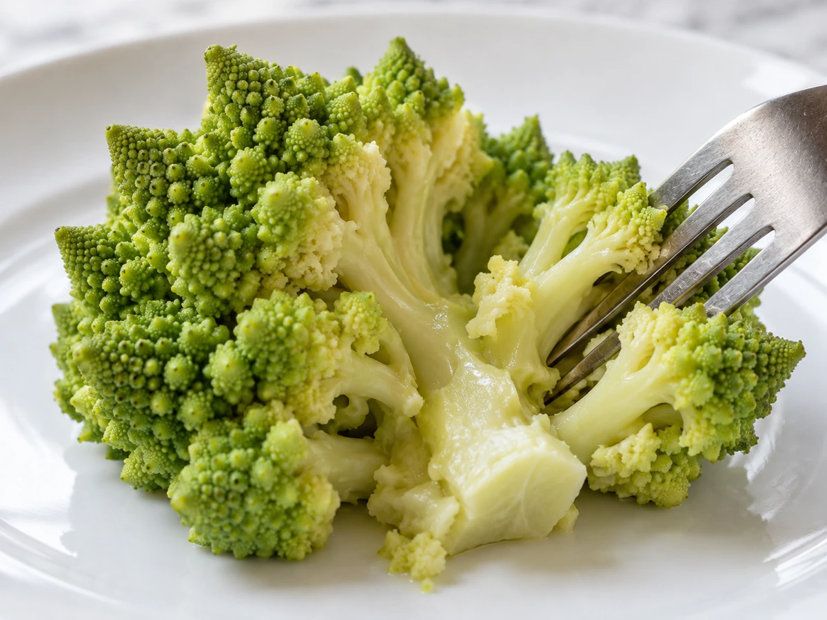 Cooked Romanesco floret opened with a fork