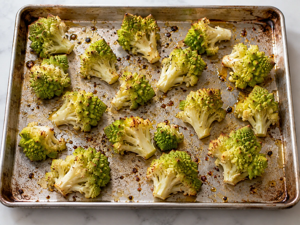 Romanesco florets spaced on a roasting tray