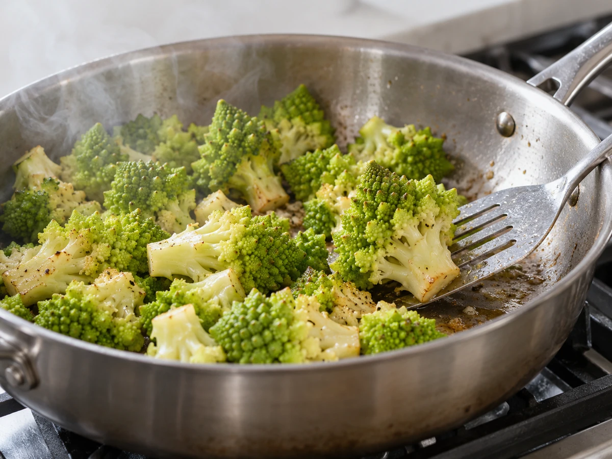 Broad spatula turning Romanesco by the stems