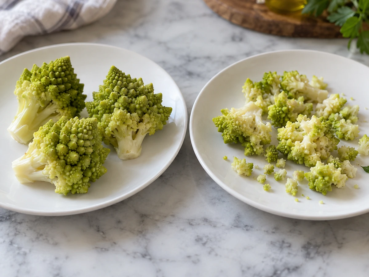 Two Romanesco servings after different handling
