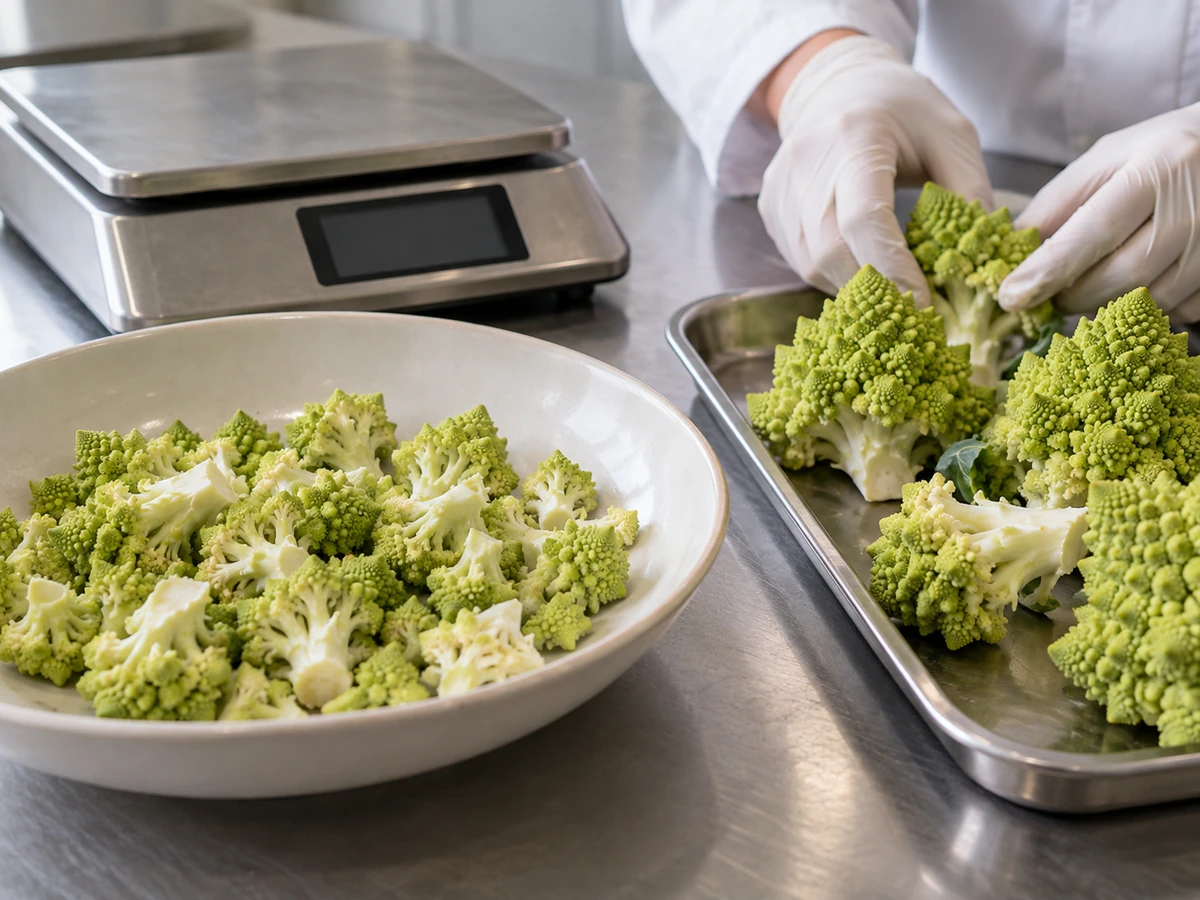 Romanesco pieces beside a weighing dish