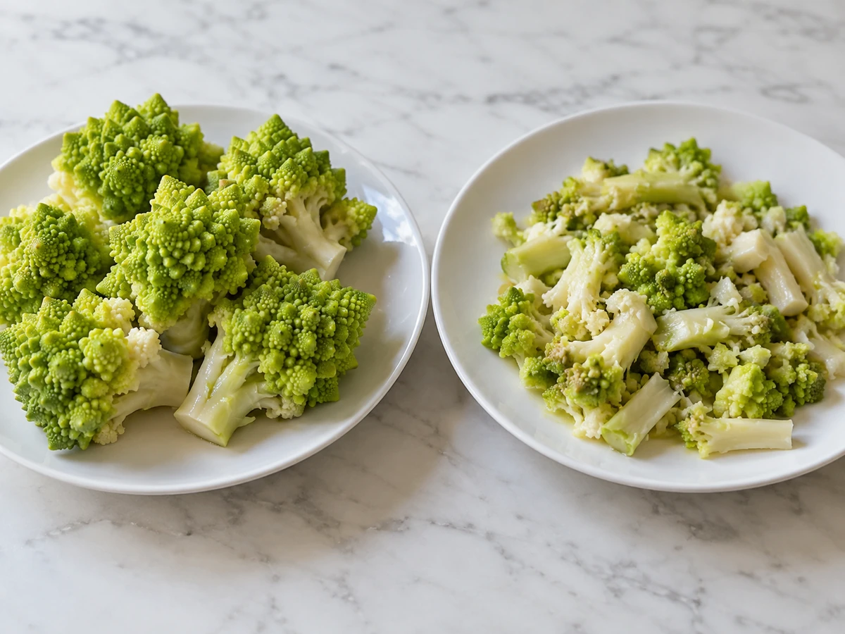 Intact and broken Romanesco after a cooking check