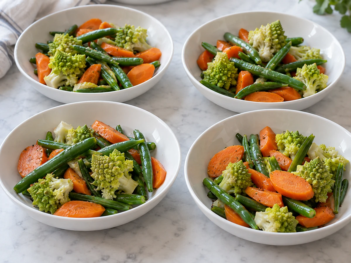 Four bowls of Romanesco, carrot pieces and green beans with varied piece arrangements
