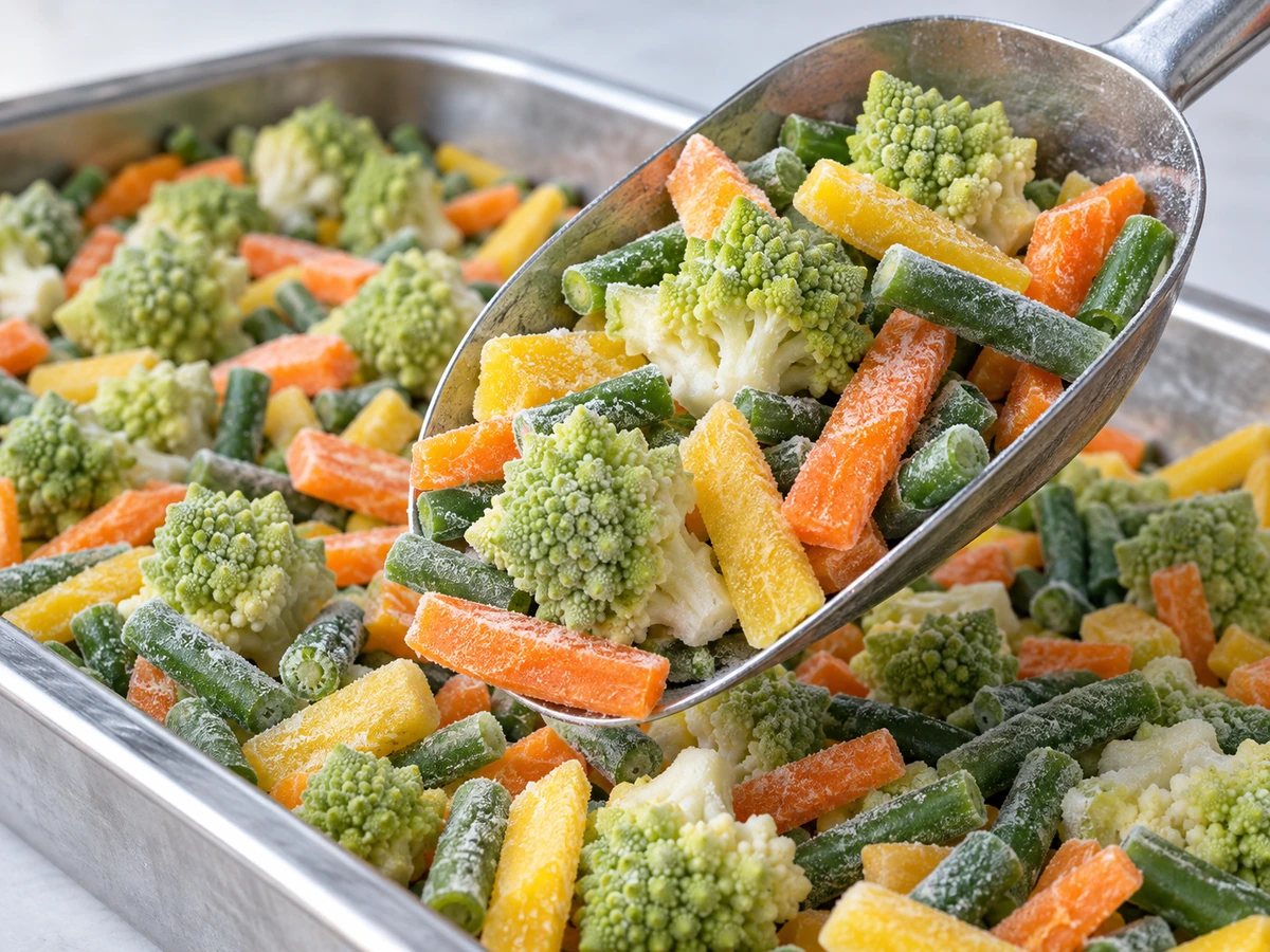 Metal scoop lifting frosted Romanesco, carrot batons and green bean pieces above a tray