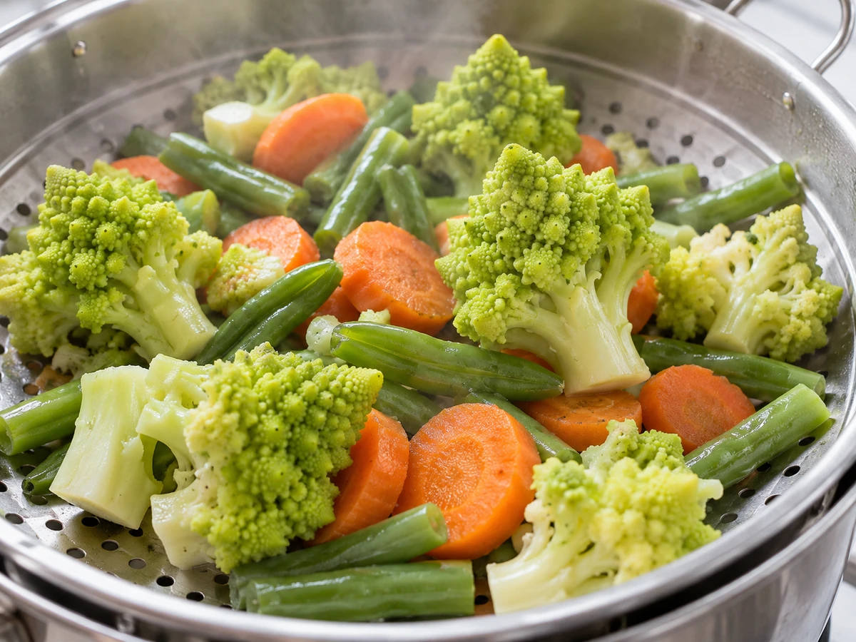 Romanesco florets, carrot rounds and cut green beans in a perforated steaming basket