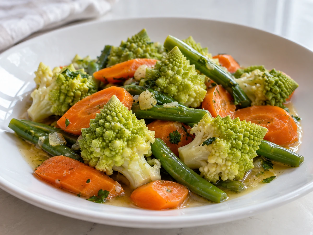 Romanesco crowns, carrot slices and green beans above a shallow layer of light sauce