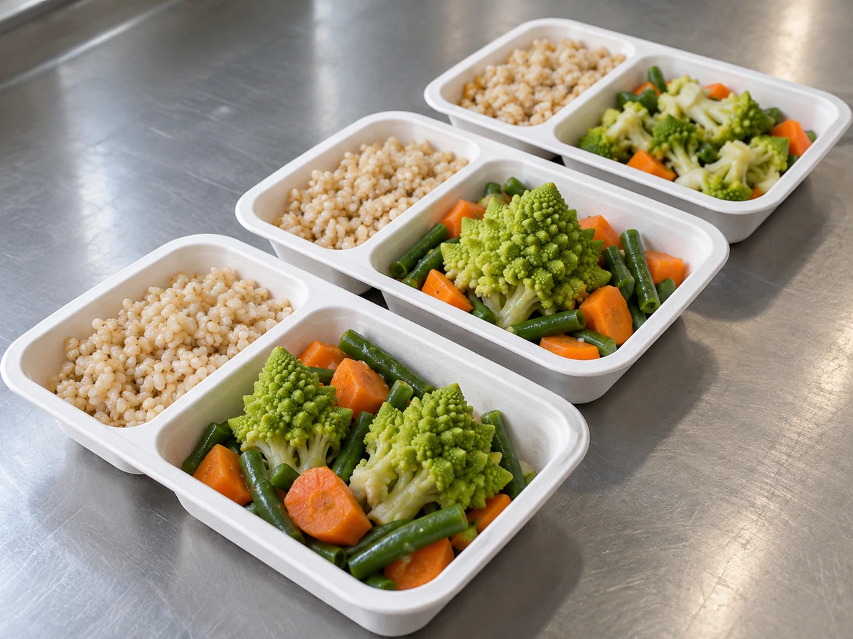 Three divided meal trays with visibly different Romanesco crown distribution