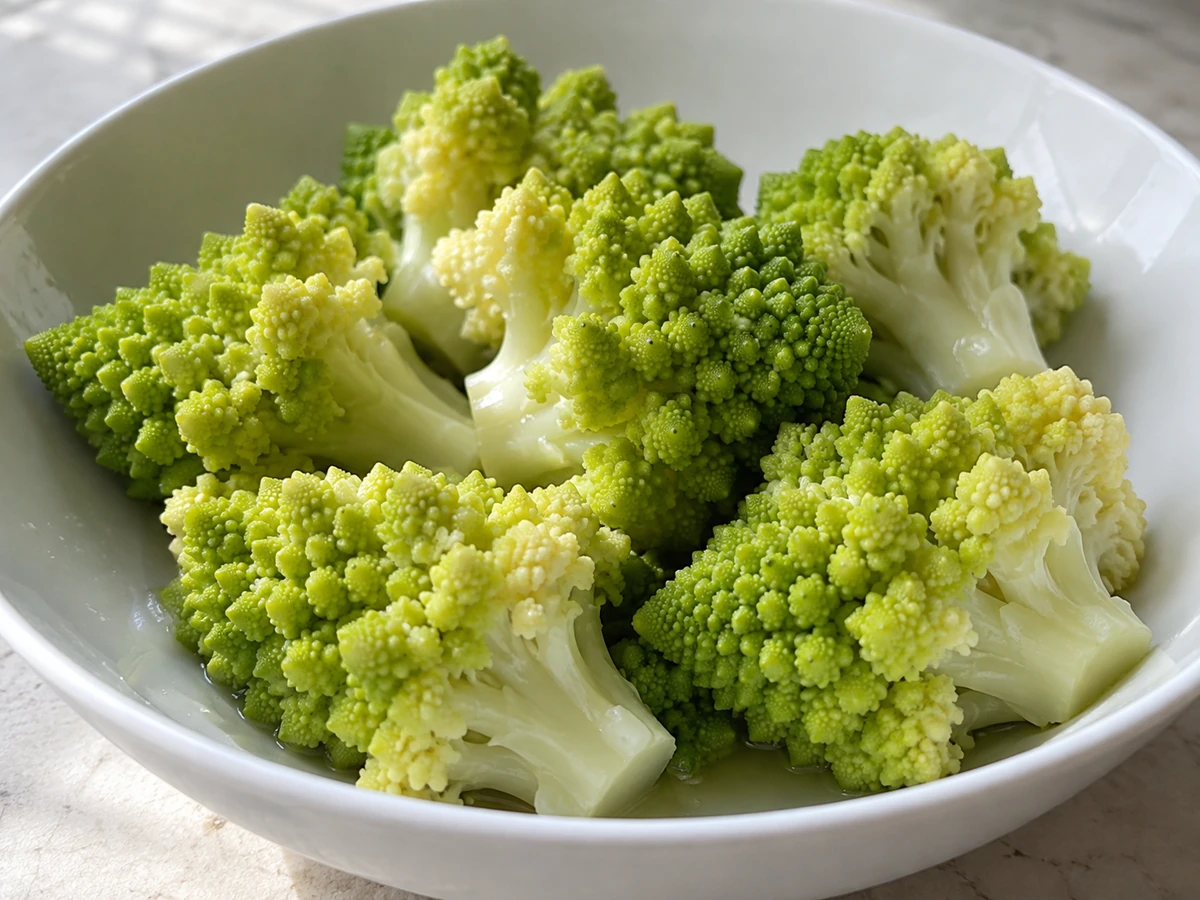 Cooked Romanesco florets with visible cut stems and pointed crowns in a white bowl
