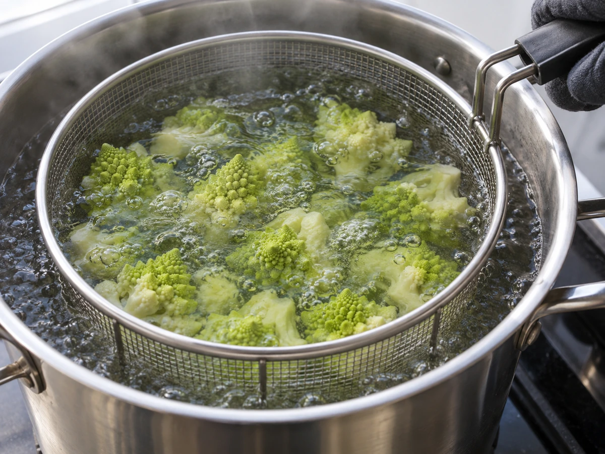 Romanesco florets in bubbling water inside a mesh basket in a stainless pot