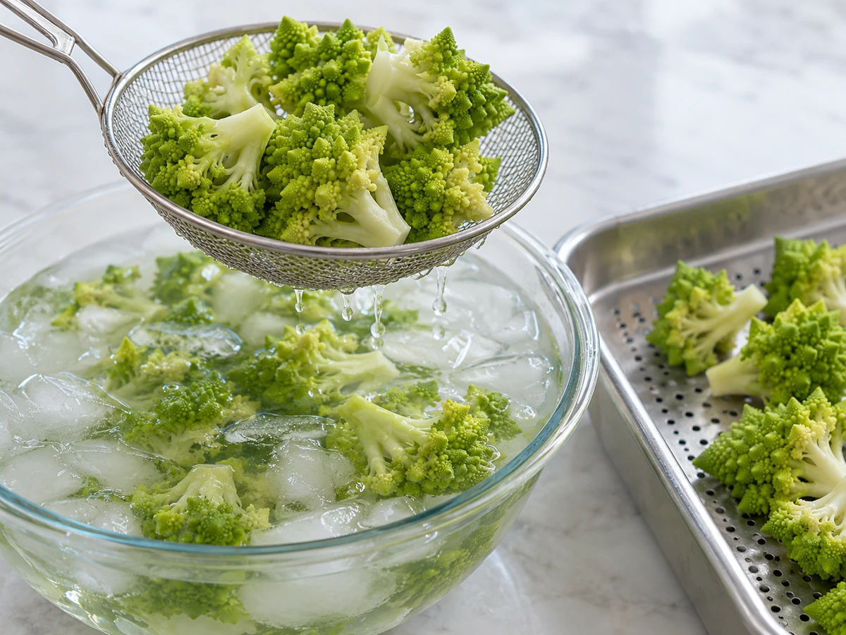 Mesh strainer lifting wet Romanesco florets above an ice-water bath beside a draining tray